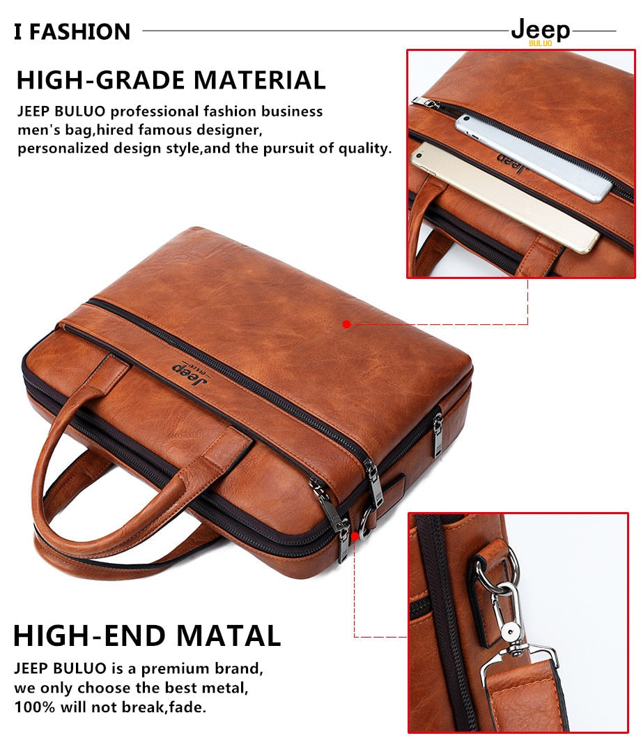 Men's Briefcase For 14" Laptop Business 2Pcs Set Handbags High Quality Leather Office Shoulder Tote
