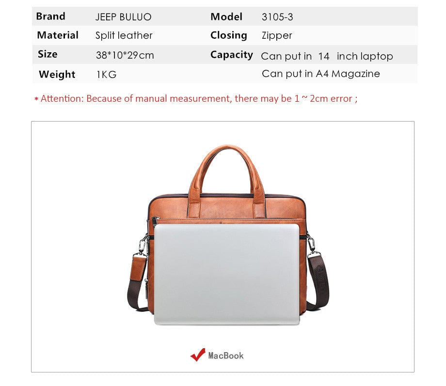 Men's Briefcase For 14" Laptop Business 2Pcs Set Handbags High Quality Leather Office Shoulder Tote