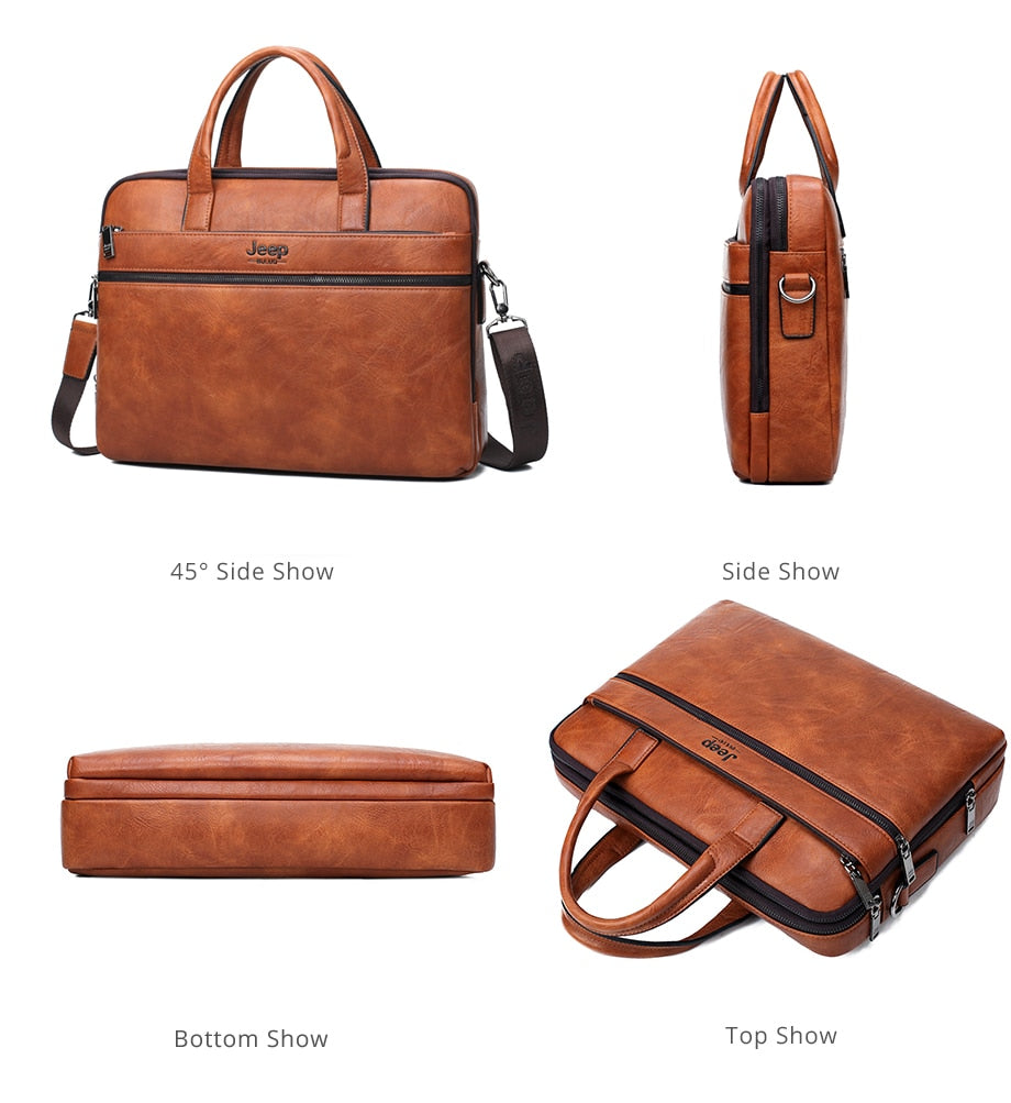 Men's Briefcase For 14" Laptop Business 2Pcs Set Handbags High Quality Leather Office Shoulder Tote