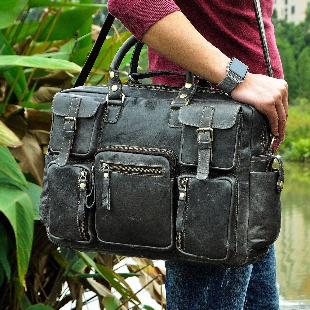 Men Real Leather Antique Large Capacity Travel Briefcase Business 15.6" Laptop Case Attache Messenger Bag Portfolio