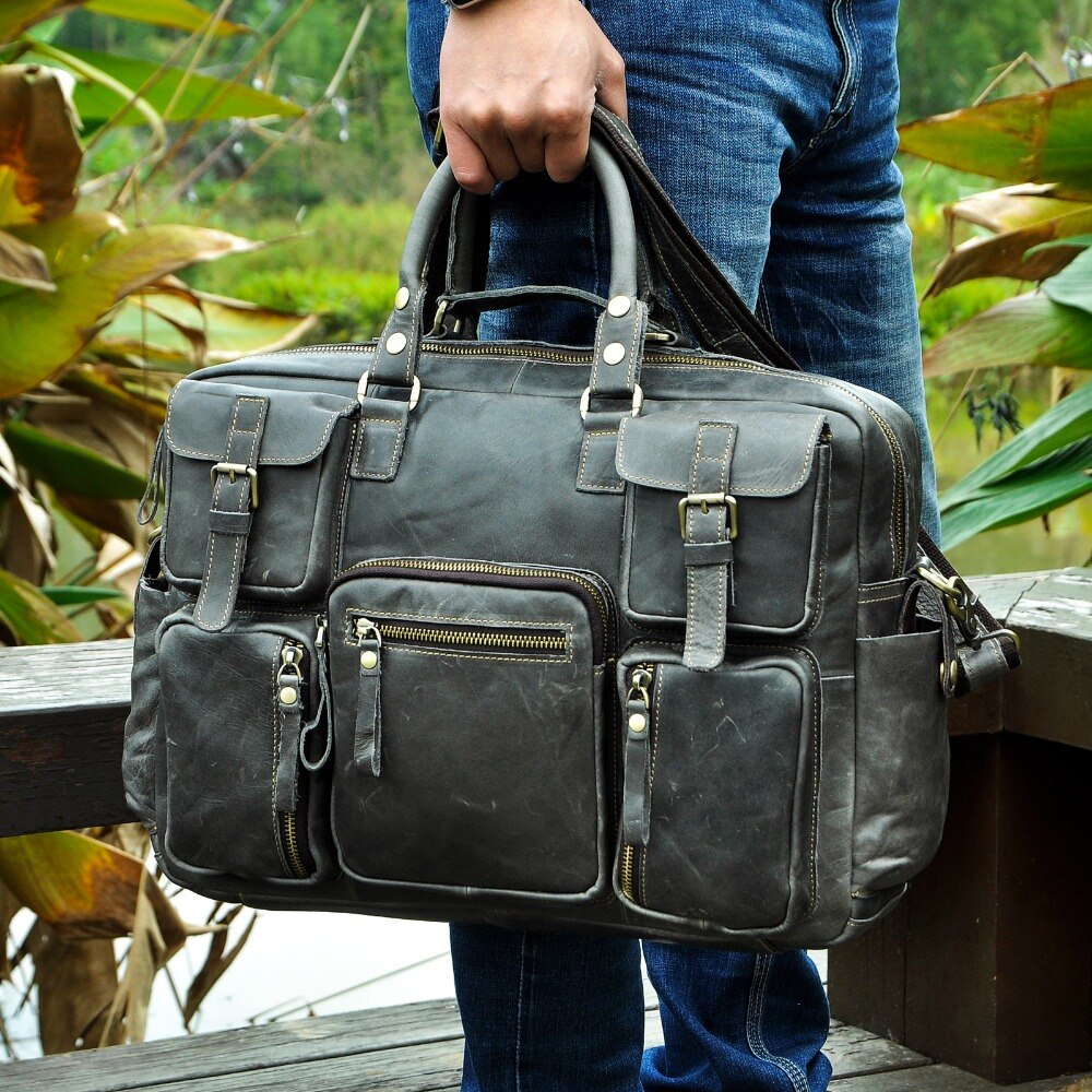 Men Real Leather Antique Large Capacity Travel Briefcase Business 15.6" Laptop Case Attache Messenger Bag Portfolio