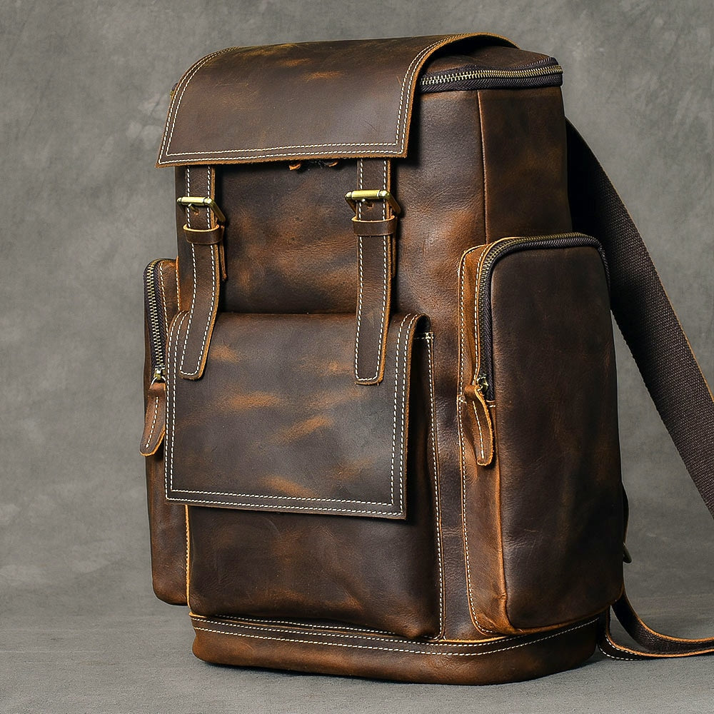 Retro Genuine Leather Men's Backpack Large Capacity Laptop Bag School Backpack Male Shoulder Bags Brown Leather Travel Backpacks