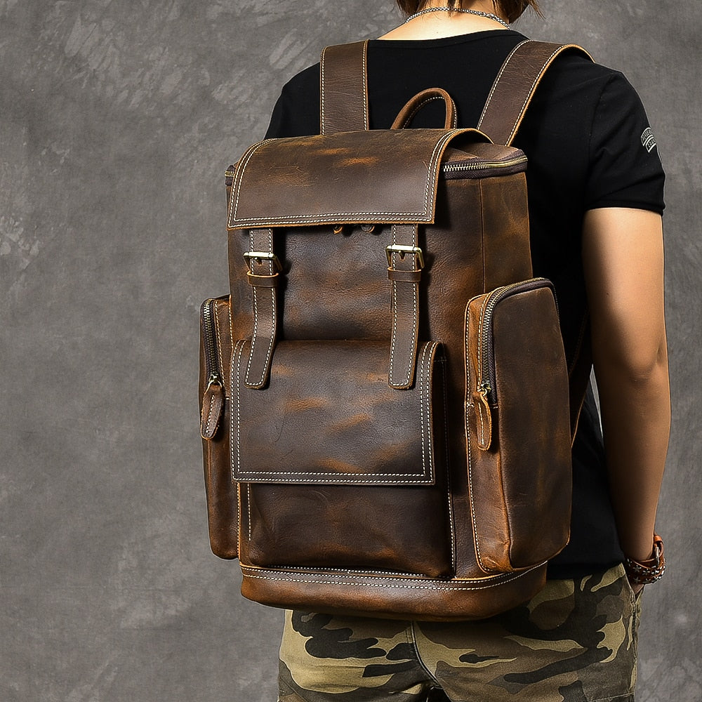 Retro Genuine Leather Men's Backpack Large Capacity Laptop Bag School Backpack Male Shoulder Bags Brown Leather Travel Backpacks