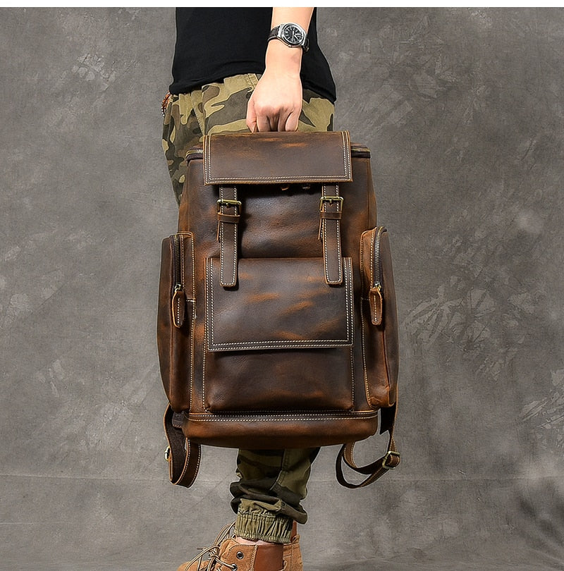 Retro Genuine Leather Men's Backpack Large Capacity Laptop Bag School Backpack Male Shoulder Bags Brown Leather Travel Backpacks