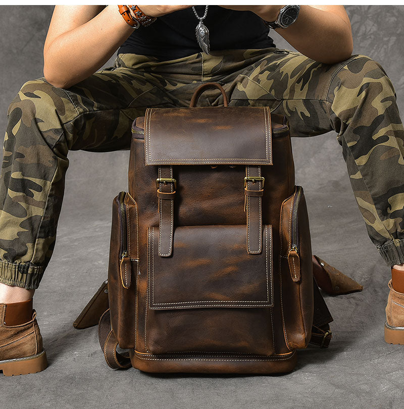 Retro Genuine Leather Men's Backpack Large Capacity Laptop Bag School Backpack Male Shoulder Bags Brown Leather Travel Backpacks