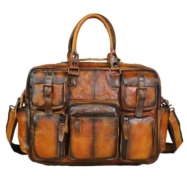Men Real Leather Antique Large Capacity Travel Briefcase Business 15.6" Laptop Case Attache Messenger Bag Portfolio