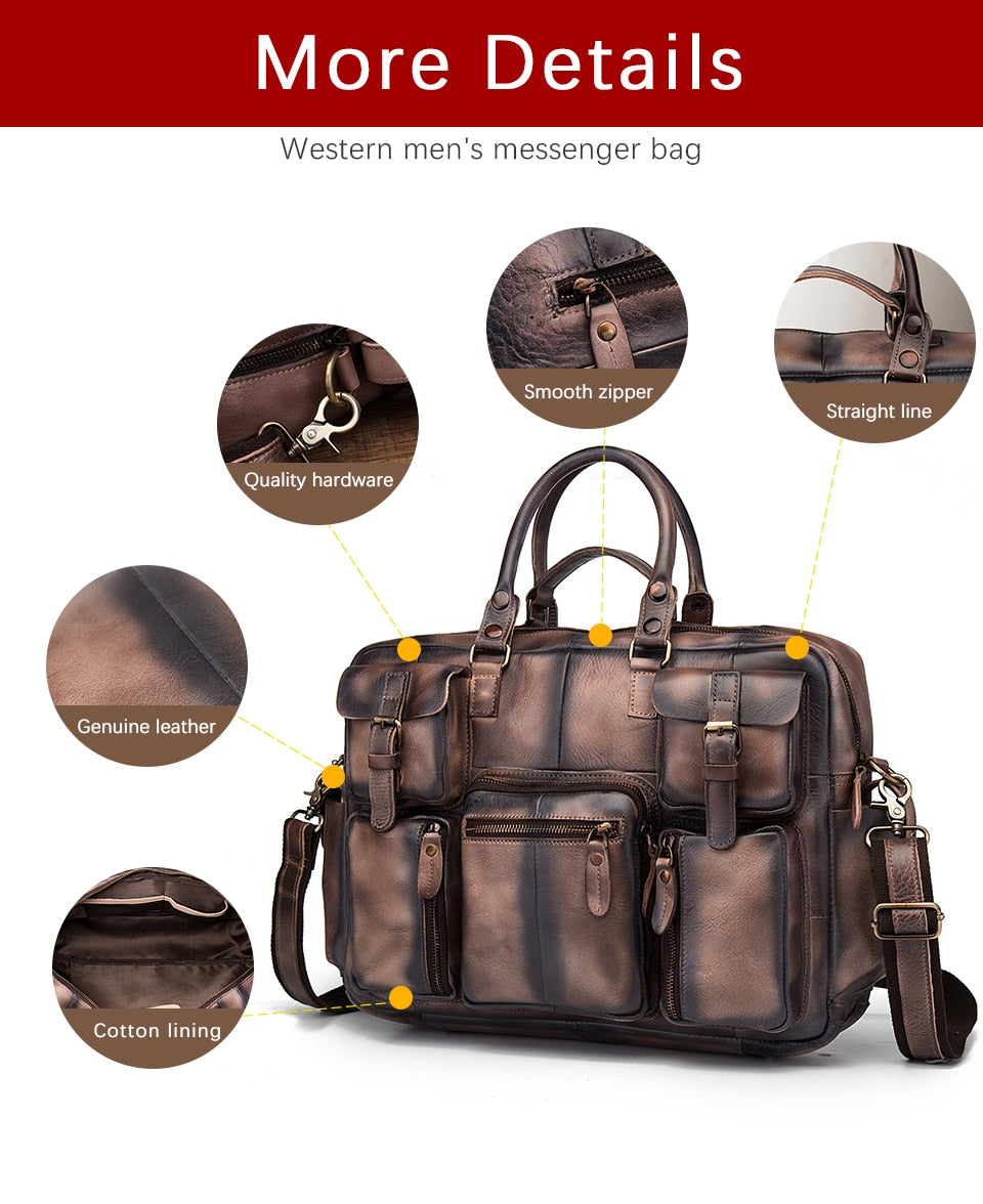 Men Real Leather Antique Large Capacity Travel Briefcase Business 15.6" Laptop Case Attache Messenger Bag Portfolio