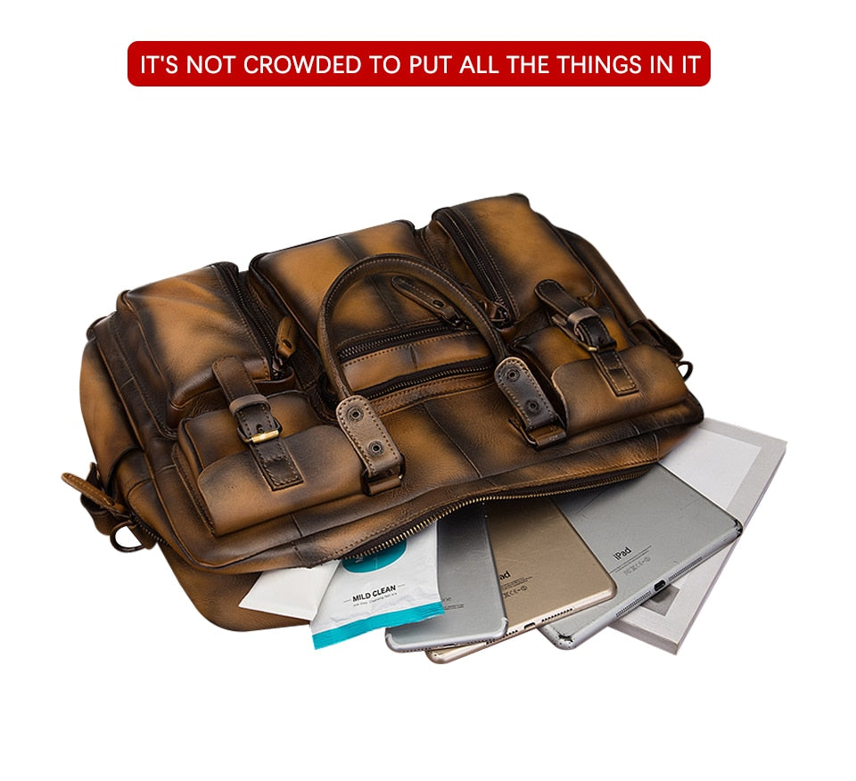Men Real Leather Antique Large Capacity Travel Briefcase Business 15.6" Laptop Case Attache Messenger Bag Portfolio