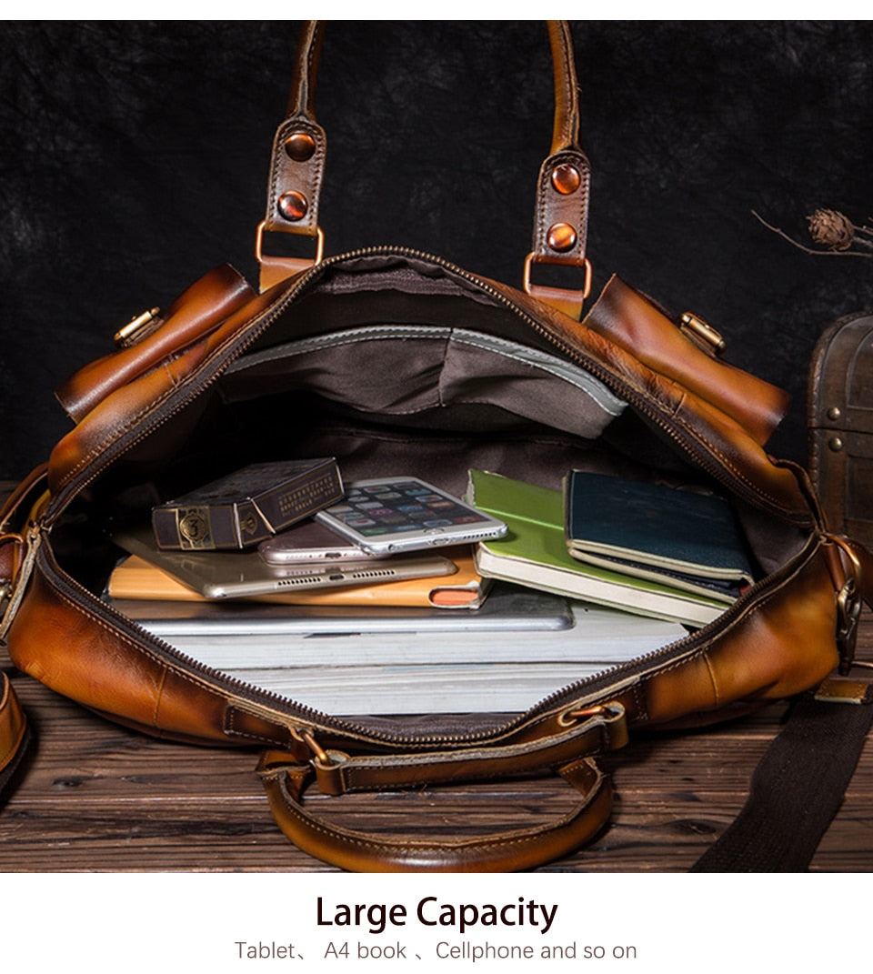 Men Real Leather Antique Large Capacity Travel Briefcase Business 15.6" Laptop Case Attache Messenger Bag Portfolio