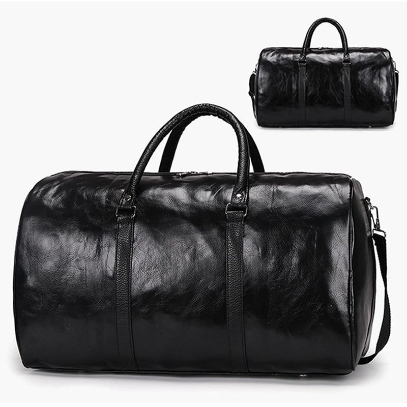 Male Leather Travel Bag Large Duffle Independent Shoes Storage Big Fitness Bags Handbag Bag Luggage Shoulder Bag Black