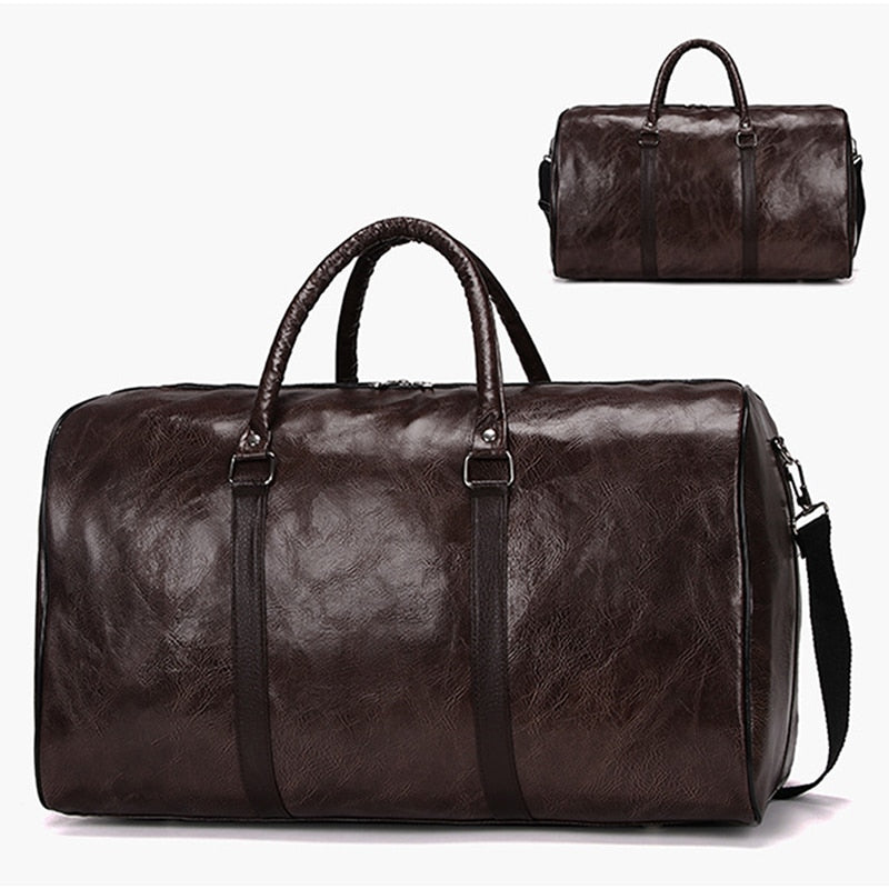 Male Leather Travel Bag Large Duffle Independent Shoes Storage Big Fitness Bags Handbag Bag Luggage Shoulder Bag Black