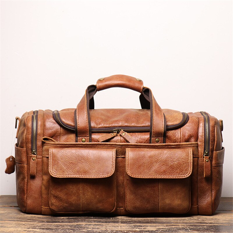 High Quality Large Big Vintage Brown Black Genuine Leather Business Men Travel Bags Shoulder Messenger Duffle Bag