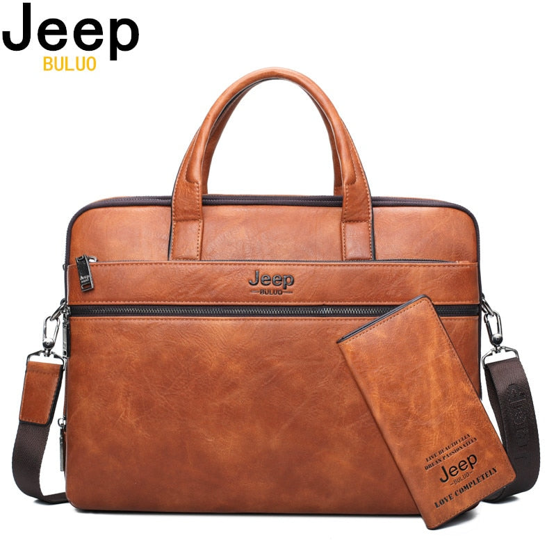 Men's Briefcase For 14" Laptop Business 2Pcs Set Handbags High Quality Leather Office Shoulder Tote