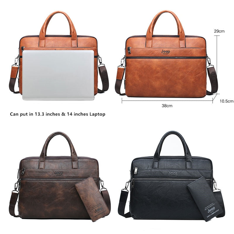 Men's Briefcase For 14" Laptop Business 2Pcs Set Handbags High Quality Leather Office Shoulder Tote